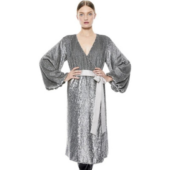 New York Alice + Olivia Silver Sequin Wrap Midi Dress Size 8 - Picture 2 of 12